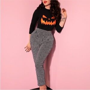 Vixen Miss Kitty Striped Black White High-Waisted Cigarette Pants - XS Small